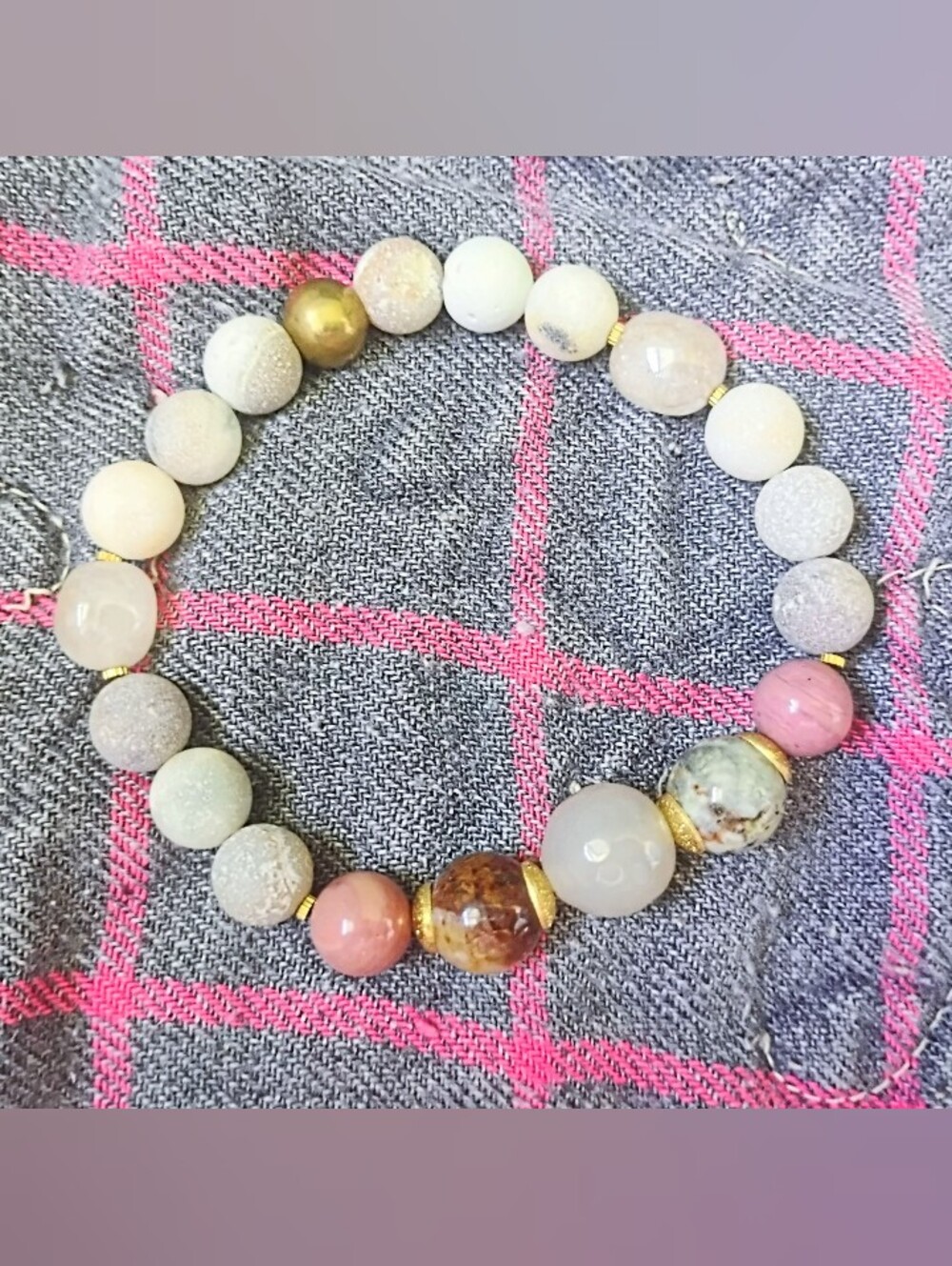 Amazonite, Quartz, Yooperlite, and Rhodochrosite Handmade Stretch Bracelet